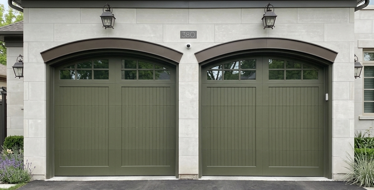 Custom garage door installed by Dodds Garage doors for a beautiful home in Southern Ontario.