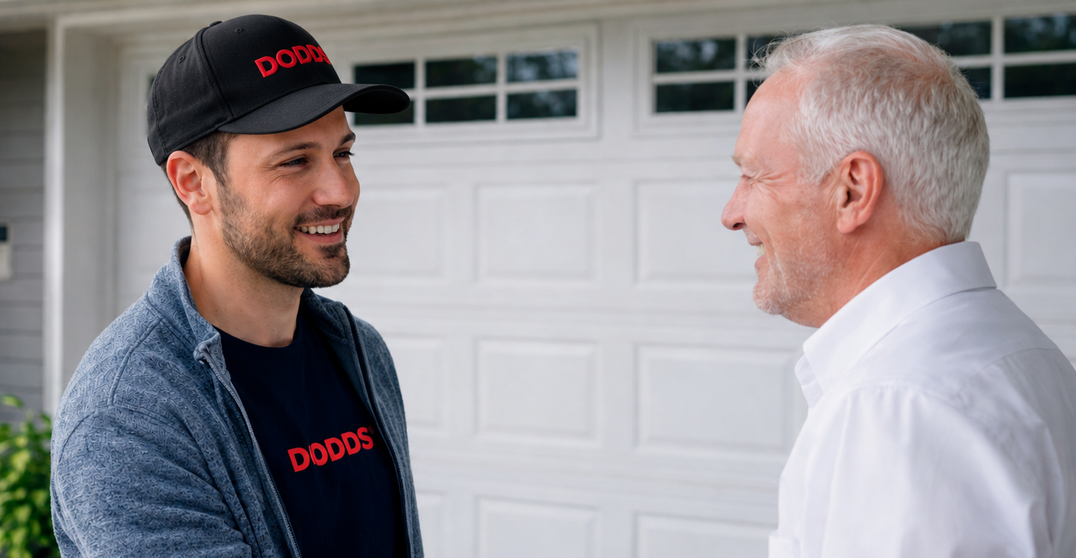 Dodds Garage Doors service technician is helping a customer in Ontario with consultation on his new garage door