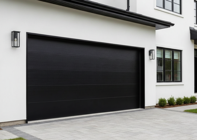 Modern black flush panel garage door without windows installed by Dodds Garage Doors on a contemporary white stucco home with black window frames and stone paver driveway.