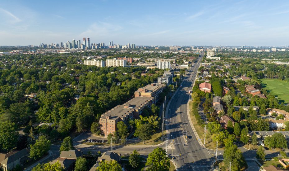 Aerial view of the Cooksville neighborhood in Mississauga showing residential streets and the nearby city skyline.