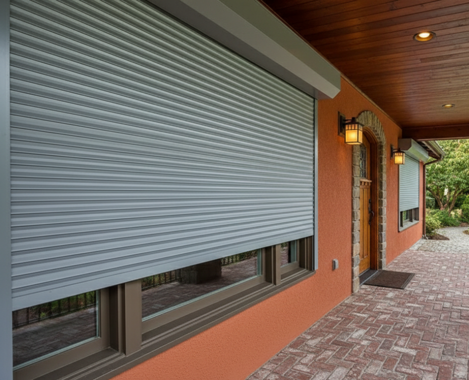 Light grey aluminum window roller shutters for a residential patio area, providing energy efficiency and security for a detached home.