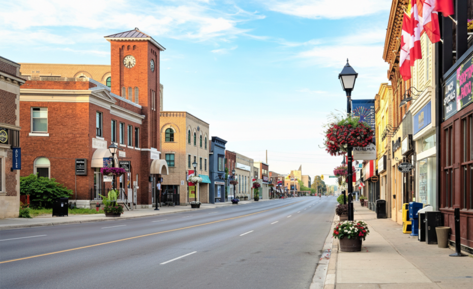 Street view of historic downtown Aurora near Aurora Town Square where Dodds provides garage door repairs.