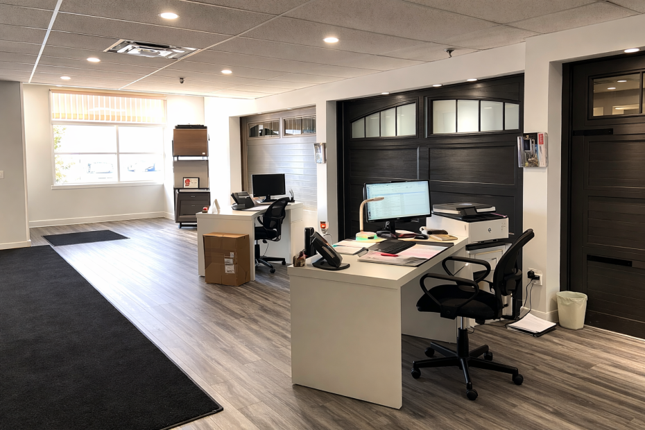 Traditional black carriage house garage door with arched windows displayed next to modern office workstations in a showroom.