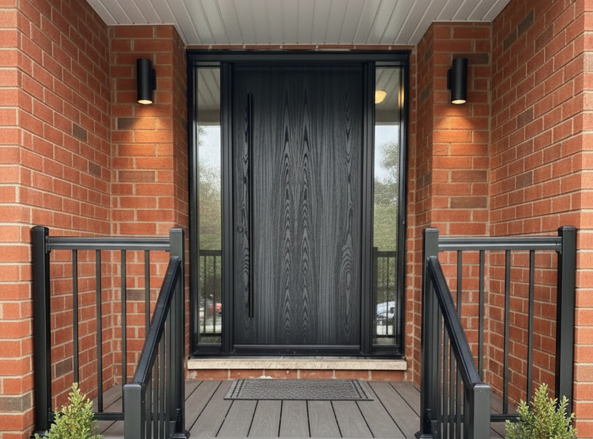 Contemporary black entry door with vertical wood grain texture and glass sidelights on a red brick home with a grey composite porch.