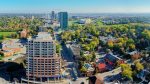 Aerial panoramic view of downtown Bolton Ontario skyline and surrounding residential neighborhoods during autumn.