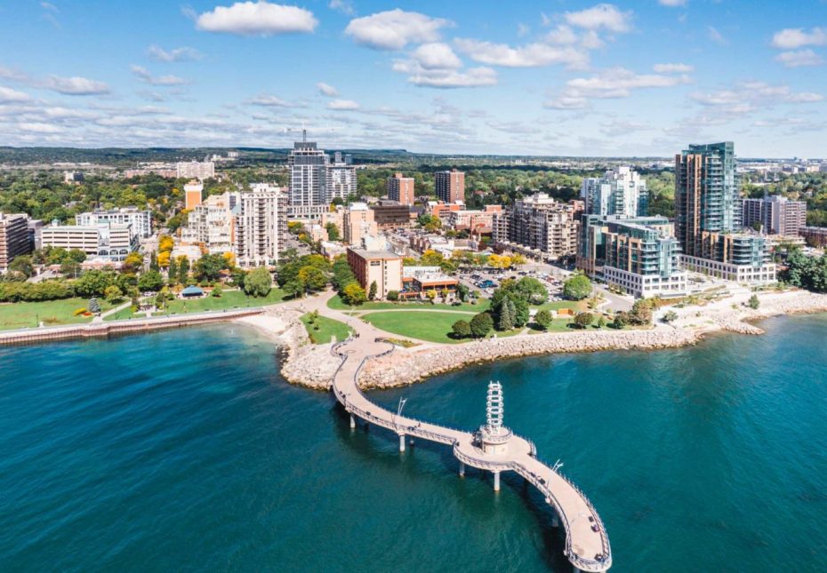 Aerial view of Spencer Smith Park and Brant Street Pier in Burlington, Ontario.
