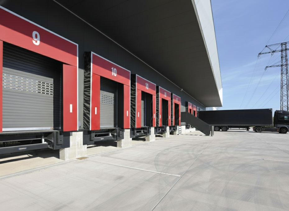 Professional installation of commercial dock shelters and red sectional doors by the Dodds Garage Doors expert team at a Southern Ontario logistics hub.