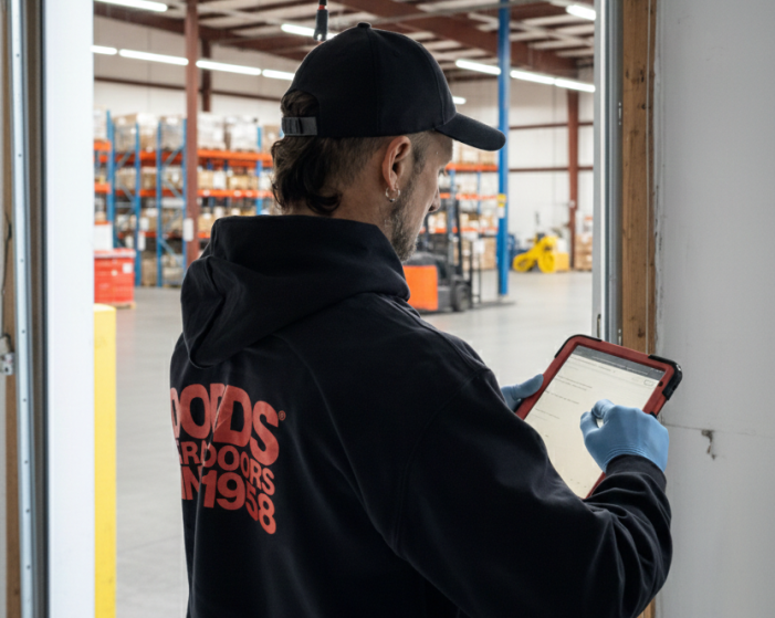 A professional technician in a black hoodie and cap performing maintenance on a large commercial garage door in a warehouse setting, using a tablet for a digital inspection.