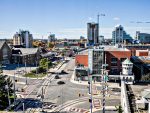 Downtown Kitchener street view highlighting local commercial garage door service area.