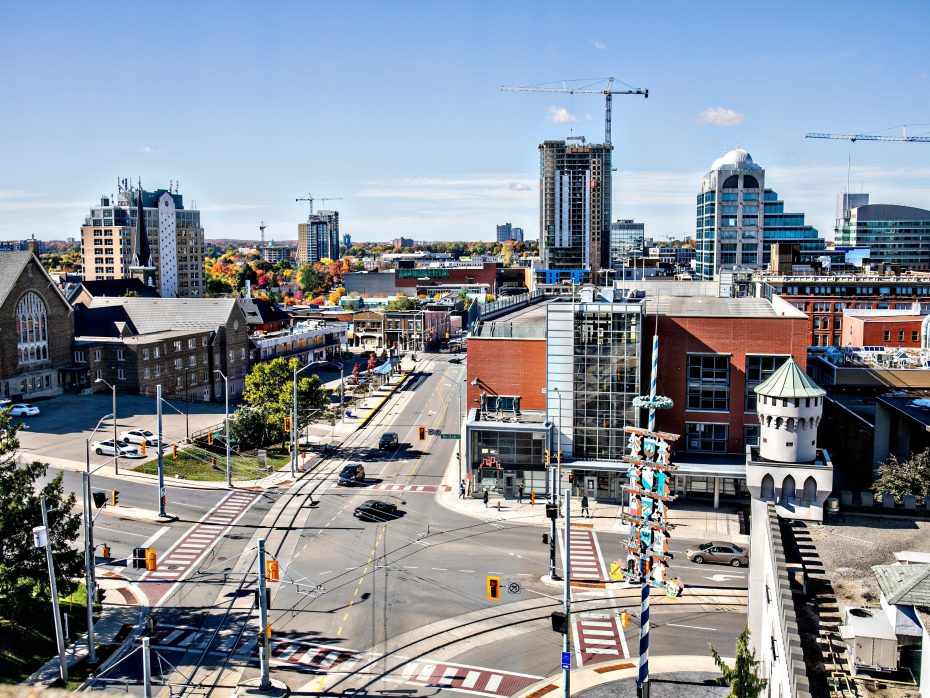 Downtown Kitchener street view highlighting local commercial garage door service area.