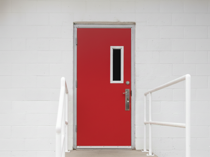Red commercial hollow metal pedestrian exit door with a vision lite window and security hardware.