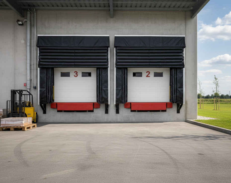 An inflatable dock seal fully engaged against a trailer to maintain consistent temperatures and prevent energy loss at a cold storage facility.