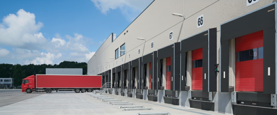 Industrial loading dock shelters installed at a commercial warehouse facility by Dodds Garage Doors, featuring red dock doors and weather-resistant seals for improved operational efficiency in Southern Ontario.