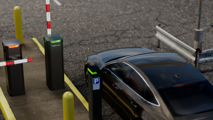 A LiftMaster Techna barrier gate system controlling vehicle access on a cobblestone driveway for a commercial property or gated community.