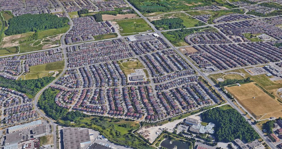 Aerial view of a residential neighborhood in Concord, Vaughan, showcasing local garage door service coverage area.