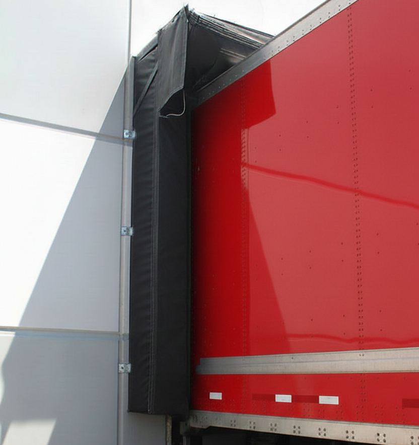 Close-up of an dock seal expanding against a trailer to prevent heat loss and protect the loading bay from rain and snow.