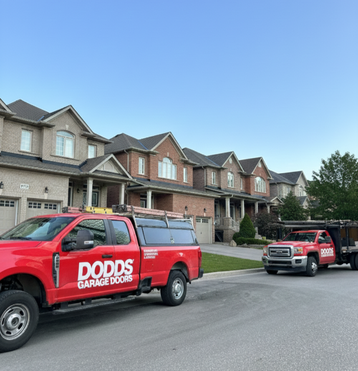 Two red Dodds Garage Doors service trucks parked on a residential street.