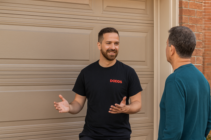 A Dodds Garage Doors technician in a branded black t-shirt consulting with a Mississauga homeowner in front of a tan garage door.