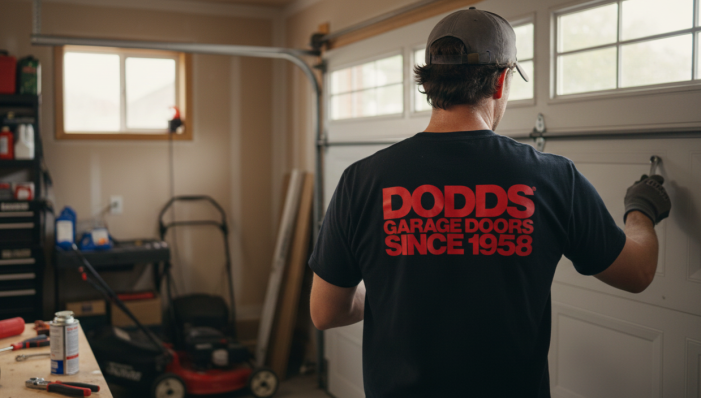 A Dodds Garage Doors technician in a branded shirt performing maintenance on a white garage door.