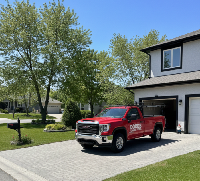 A Dodds Garage Doors service truck parked in a residential driveway for a garage door repair appointment.