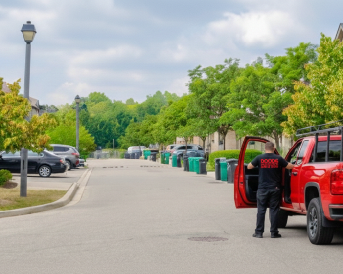 A professional technician with a red service truck providing garage door repair services in a Milton residential area.