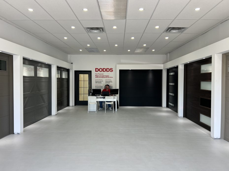 Complete interior showroom view showcasing the wide selection of residential garage doors available at Dodds in Whitby.