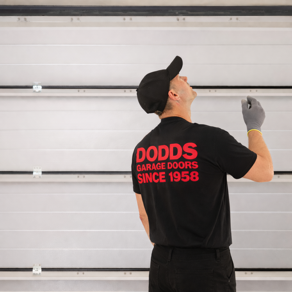A Dodds Garage Doors expert technician repairing a garage door track for a Kingston client.