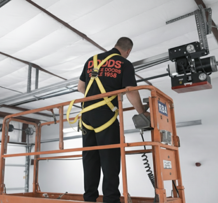 A professional Dodds Garage Doors technician wearing a yellow safety harness and black uniform while working from an orange scissor lift inside a commercial warehouse.