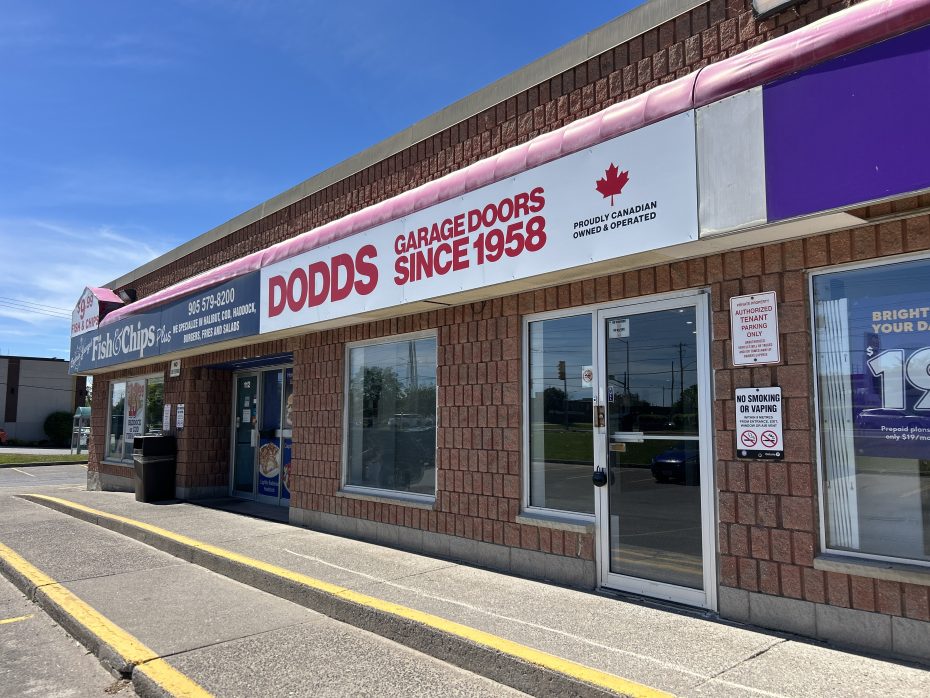 Front entrance of the Dodds Garage Doors retail showroom in Whitby serving the Durham Region.