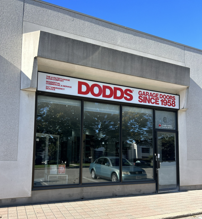 Exterior of the Dodds Garage Doors showroom in Burlington, Ontario, offering residential and commercial services.