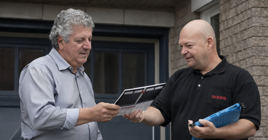 Dodds Garage Doors technician reviewing a brochure with a homeowner in front of a blue residential garage door.