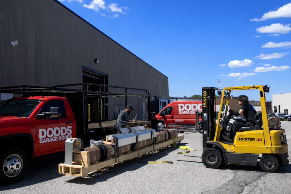 Dodds Garage Doors team loading garage door materials onto a truck with a yellow forklift outside a commercial warehouse on a sunny day.