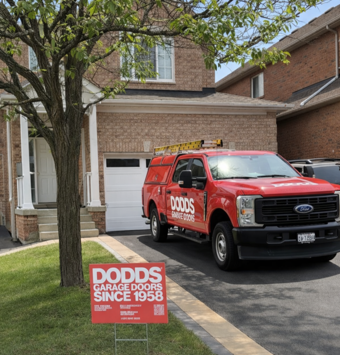 A Dodds Garage Doors service truck parked in a residential driveway in Concord, providing local repair and installation.