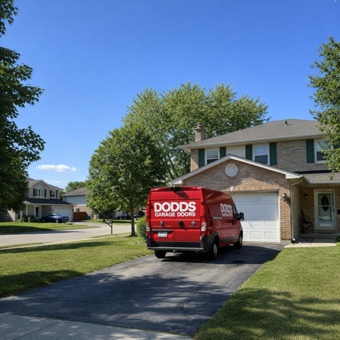 Dodds Garage Doors red service van parked in a residential driveway in front of a two-story brick home with a white garage door on a sunny day.