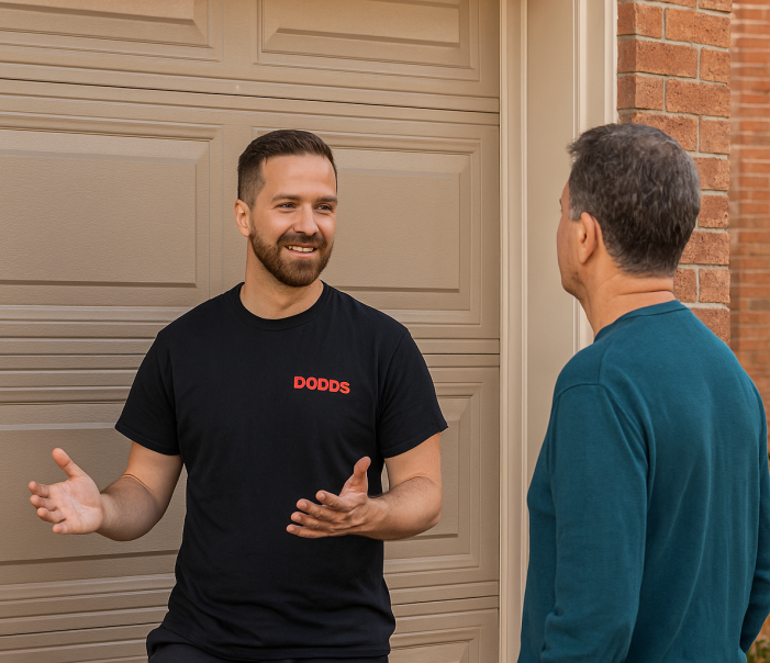 A Dodds garage door expert providing a free estimate and consultation to a Whitby homeowner.