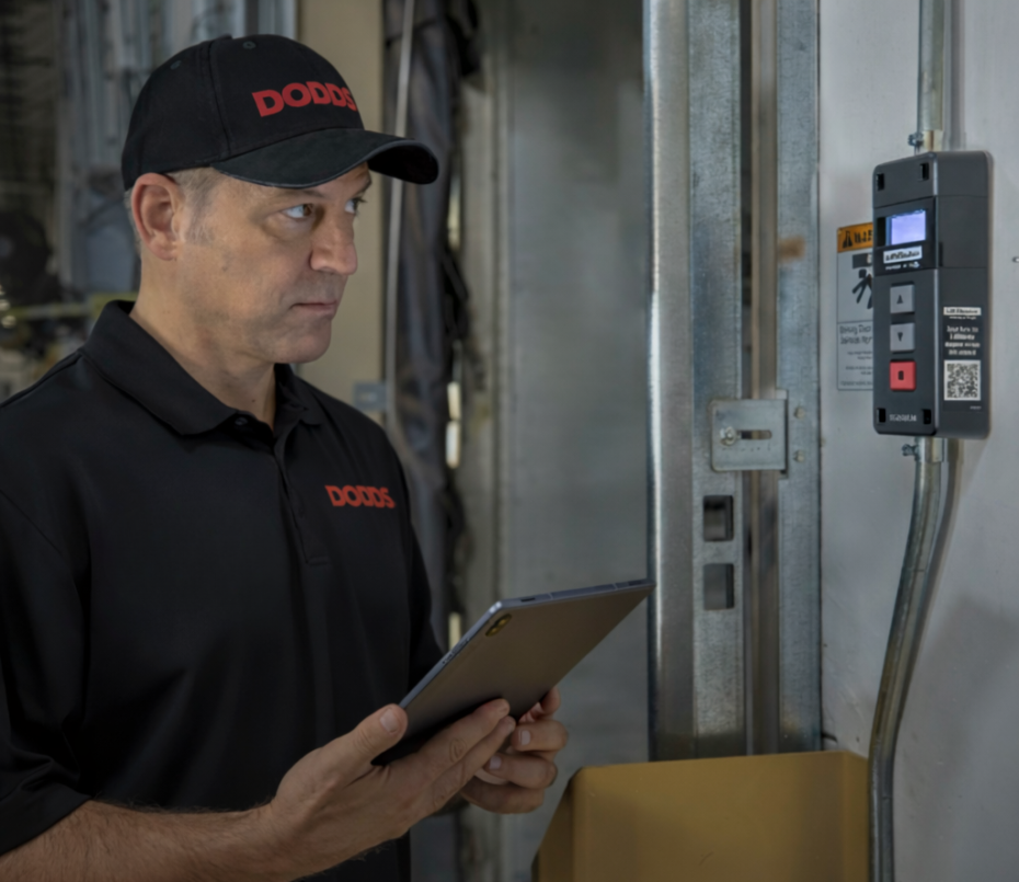 Dodds Garage Doors technician using a digital tablet to configure an industrial wall-mounted control station.