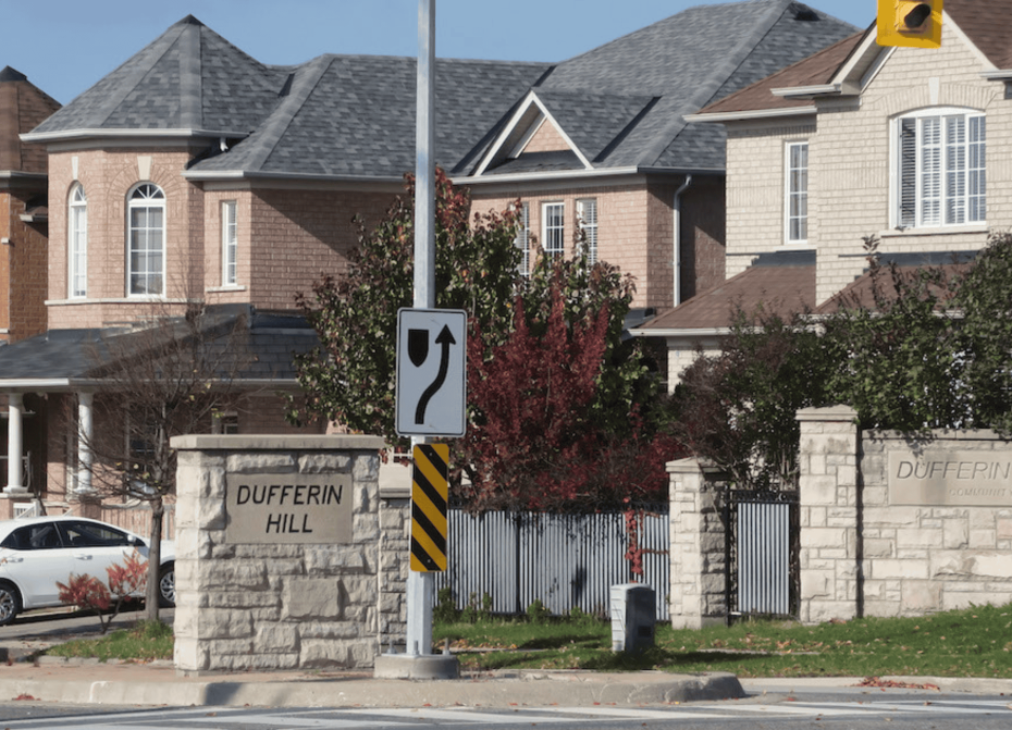 Entrance sign for the Dufferin Hill community in Vaughan, highlighting local garage door repair service areas near Concord.