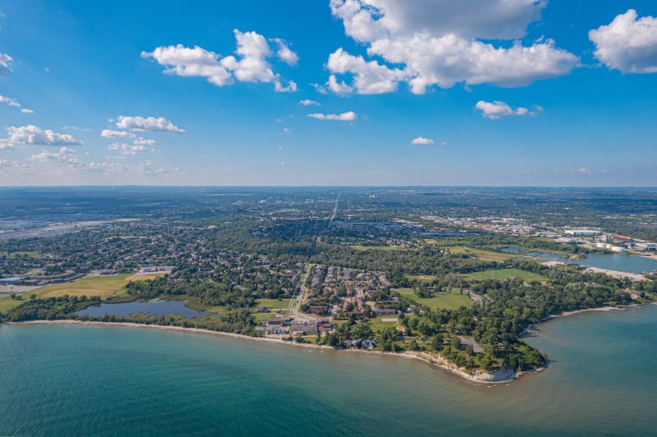 Wide aerial view of the Oshawa and Durham Region coastline representing the local service coverage.