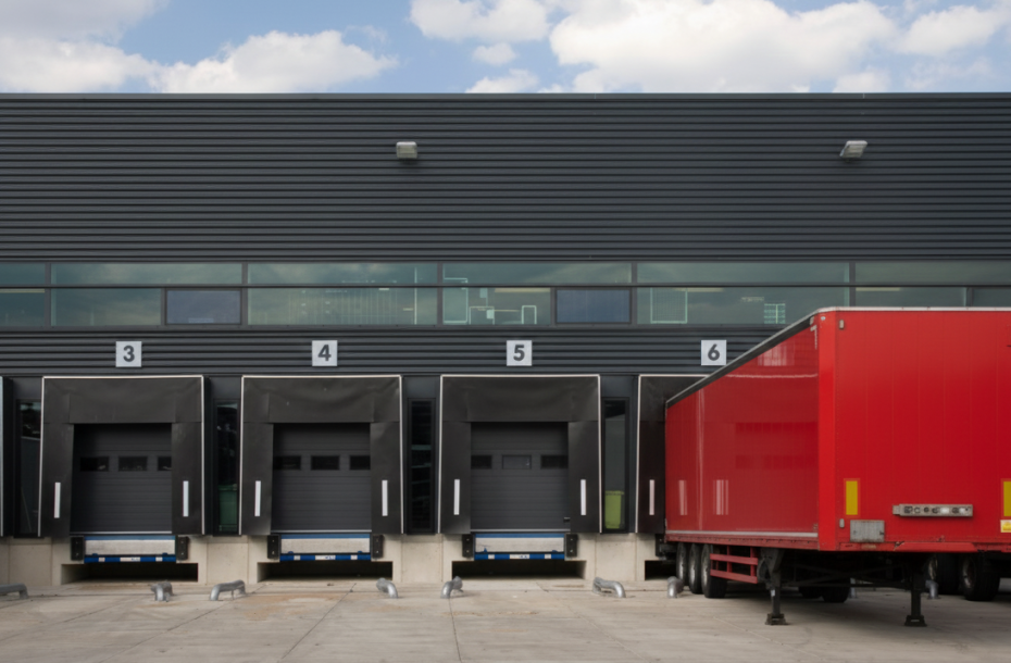 Heavy-duty industrial dock shelters featuring wear-resistant fabric and high-visibility guides for busy Toronto & GTA distribution centers, provided by Dodds Garage Doors.