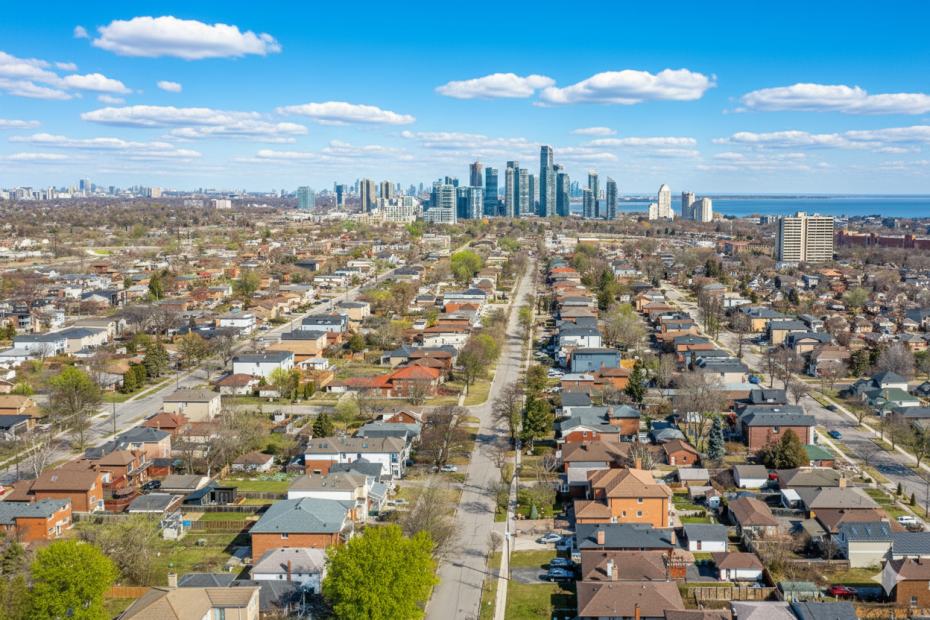 Aerial view of a residential Etobicoke neighborhood showing homes that require professional garage door repair and maintenance.