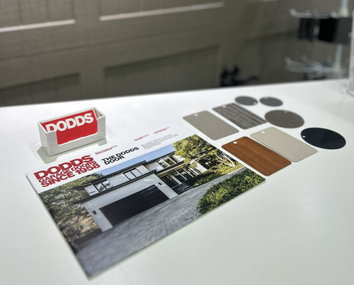 Garage door color-samples design-brochures in a Dodds showroom near Waterloo