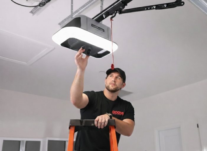 Expert garage door opener repair service featuring a technician on a ladder inspecting a modern belt-drive motor system in a residential home garage.