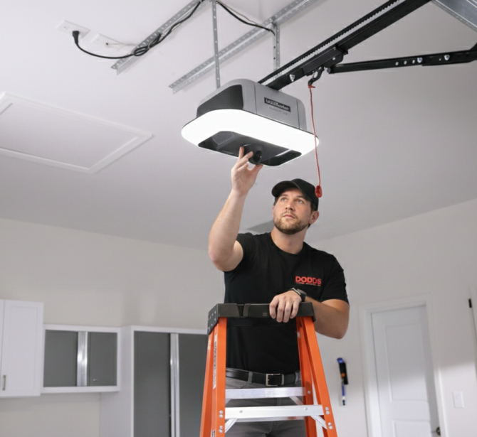 Professional Dodds Garage Doors technician installing a smart garage door opener with integrated LED lighting in a modern residential garage.