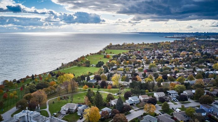 Aerial view of a residential neighborhood in Ajax near Lake Ontario served by Dodds Garage Doors.