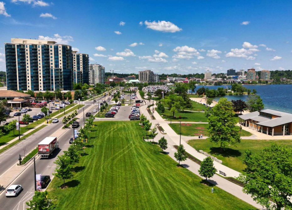 Aerial view of Barrie, Ontario residential neighborhoods near Kempenfelt Bay, served by Dodds Garage Doors.
