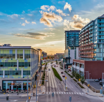 Aerial view of downtown Markham Ontario at sunset near Enterprise Blvd, serving local garage door customers.