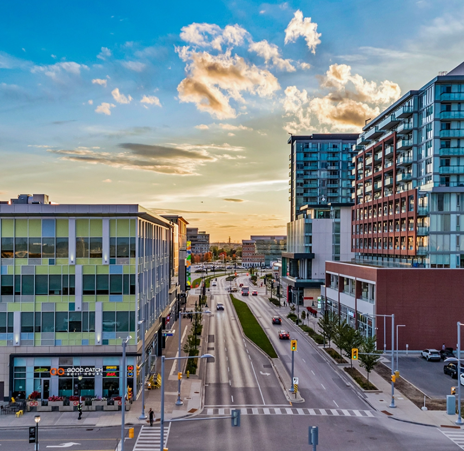 Aerial view of downtown Markham Ontario at sunset near Enterprise Blvd, serving local garage door customers.