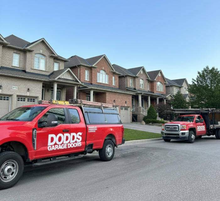 Professional technician performing garage door track repair and maintenance using power tools.