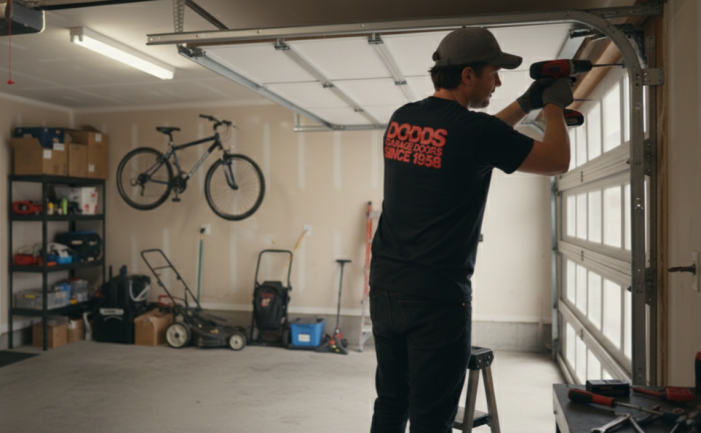 A Dodds Garage Doors expert technician repairing a garage door track and hardware for a Hamilton customer.