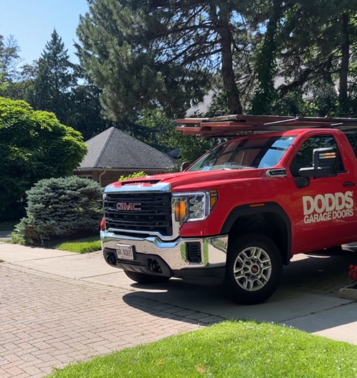 A Dodds Garage Doors service truck parked in a Burlington residential driveway for a repair appointment.